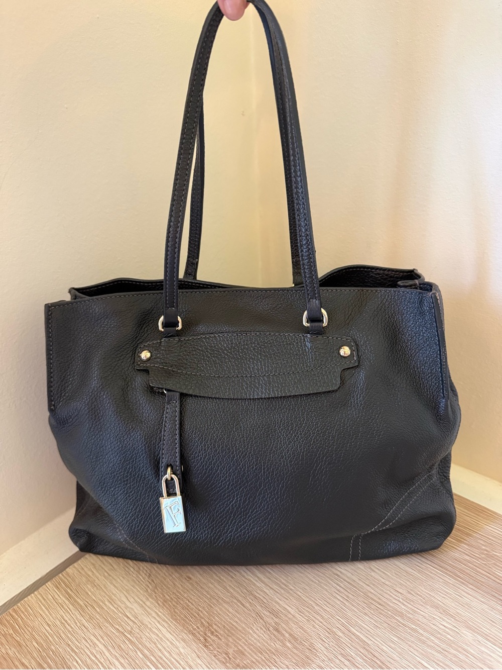 Furla Black Pebbled Leather Tote with Padlock Charm